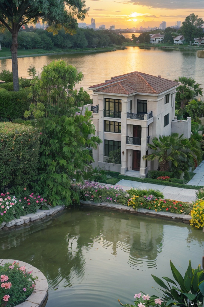  best quality, masterpiece, realistic, outdoors,
 ,house, ,window,Sunset,
water, ,tree,bush,cityscape,potted plant,flower, , ,nature,road


