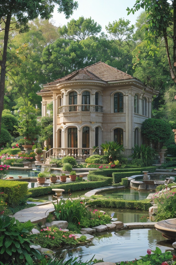 DSLR Quality, best quality, masterpiece, realistic, outdoors,
building,house,architecture,window,
water,pond,river,tree,bush,cityscape,potted plant,flower,forest,fountain,nature,

