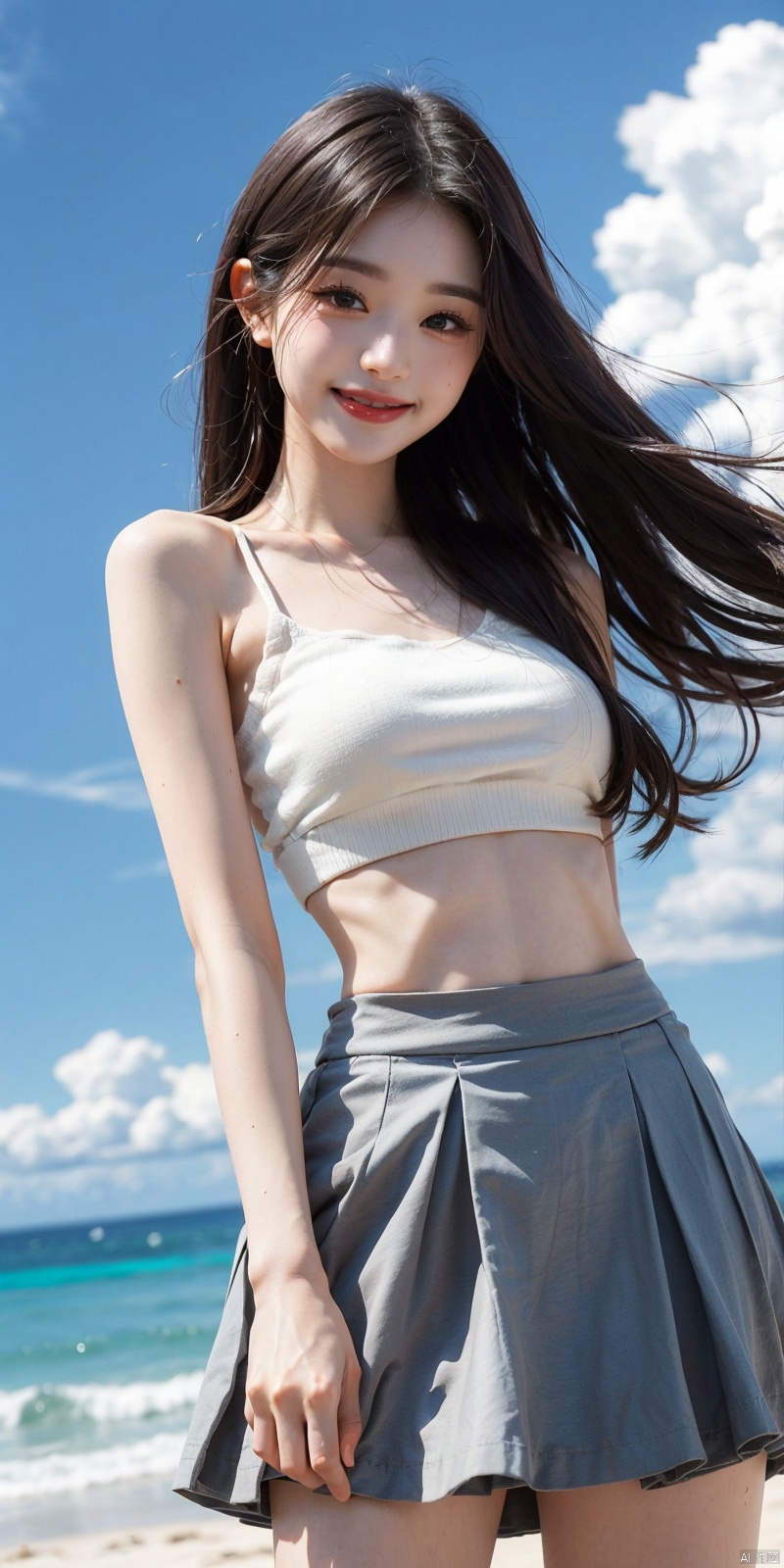  cowboy_shot, (Good structure), DSLR Quality,Depth of field ,looking_at_viewer,Dynamic pose, , kind smile,,Blue sky, white clouds, beach, JK  skirt, short top,  , ,zhangyuanying