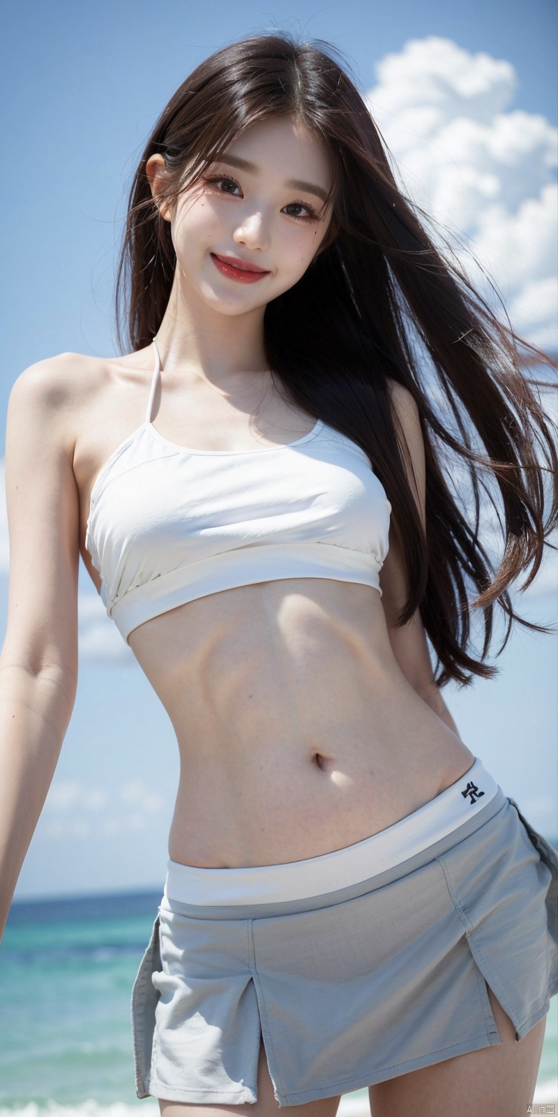  cowboy_shot, (Good structure), DSLR Quality,Depth of field ,looking_at_viewer,Dynamic pose, , kind smile,,Blue sky, white clouds, beach, JK  skirt, short top, belly button, ,zhangyuanying