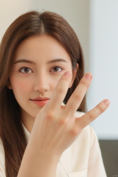  1girl,(open hand:1.2),neutral background with soft lighting,subtle office setting,daytime,(looking directly at the camera:1.2),close-up shot,approachable and confident,nice hands,perfect hands,8k,Best quality,realistic style. five fingers ,thumb,forefinger,middlefinger,ringfinger,littlefinger