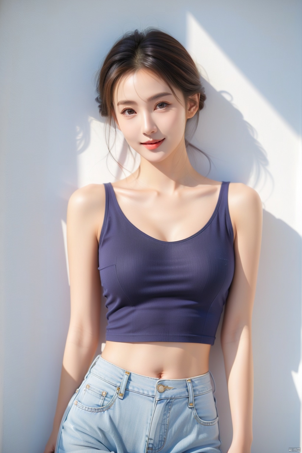 1girl, solo, breasts, looking at viewer, smile, brown hair, black hair, navel, bare shoulders, brown eyes, jewelry, closed mouth, standing, collarbone, cowboy shot, midriff, pants, lips, shadow, **** top, denim, jeans, realistic, arms at sides