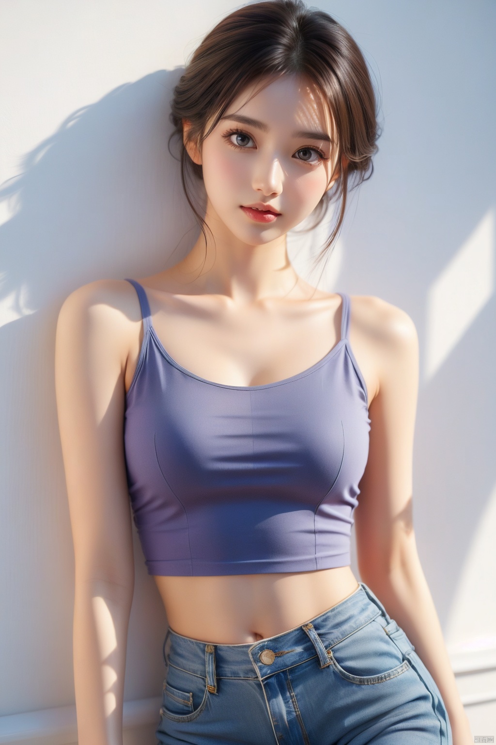 1girl, solo, breasts, looking at viewer, smile, brown hair, black hair, navel, bare shoulders, brown eyes, jewelry, closed mouth, standing, collarbone, cowboy shot, midriff, pants, lips, shadow, **** top, denim, jeans, realistic, arms at sides