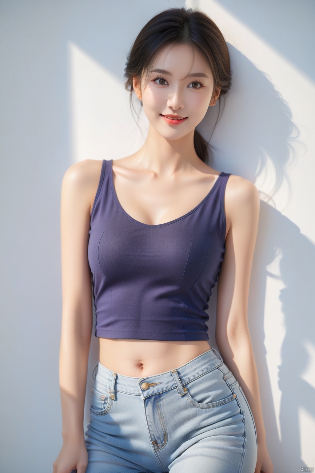 1girl, solo, breasts, looking at viewer, smile, brown hair, black hair, navel, bare shoulders, brown eyes, jewelry, closed mouth, standing, collarbone, cowboy shot, midriff, pants, lips, shadow, **** top, denim, jeans, realistic, arms at sides