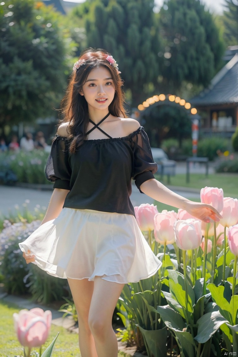  1girl breathtaking 8k, masterpiece, perfect beautiful chinese girl, upper body, vibrant, vivid, (short skirt), petticoat, (flowers), chiffon, sheer, light smile, bloom, award-winning, professional, Among colorful flowers garden, houtufeng, lhj, bright light, flower, still life, pink flower, outdoors, tulip