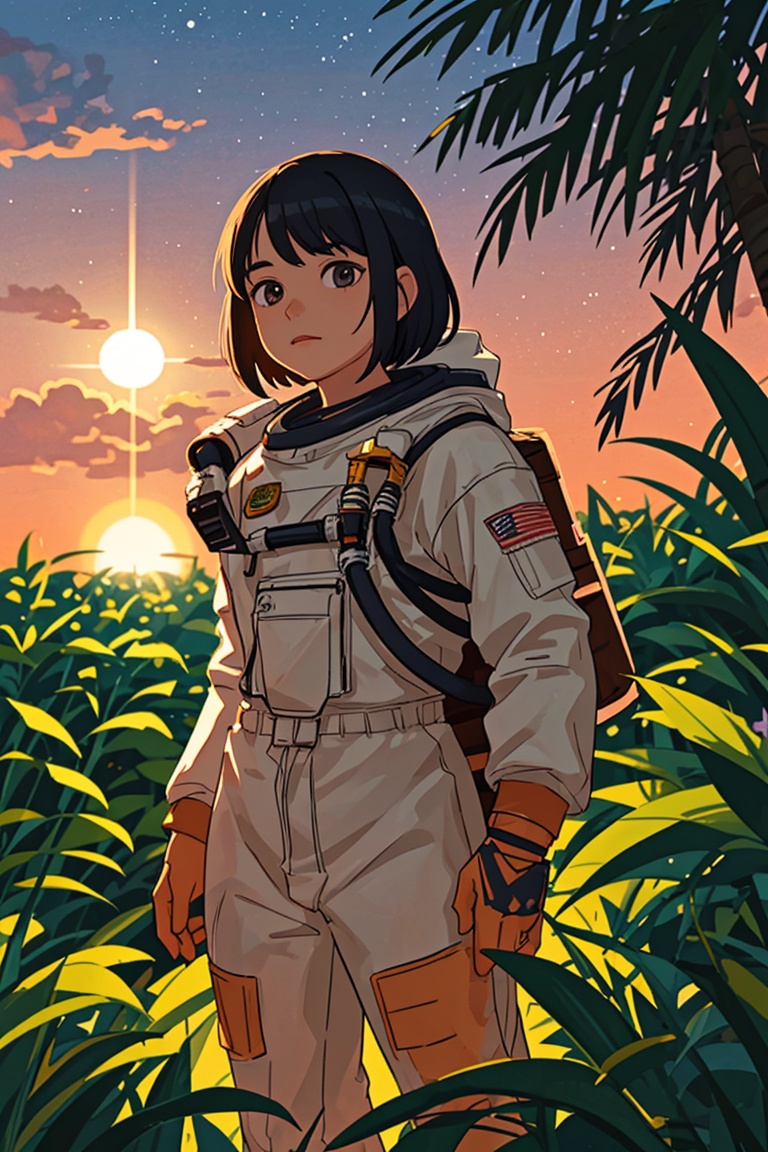An astronaut in an orange astronaut outfit,  standing against a sunset background. The astronaut is positioned front facin...