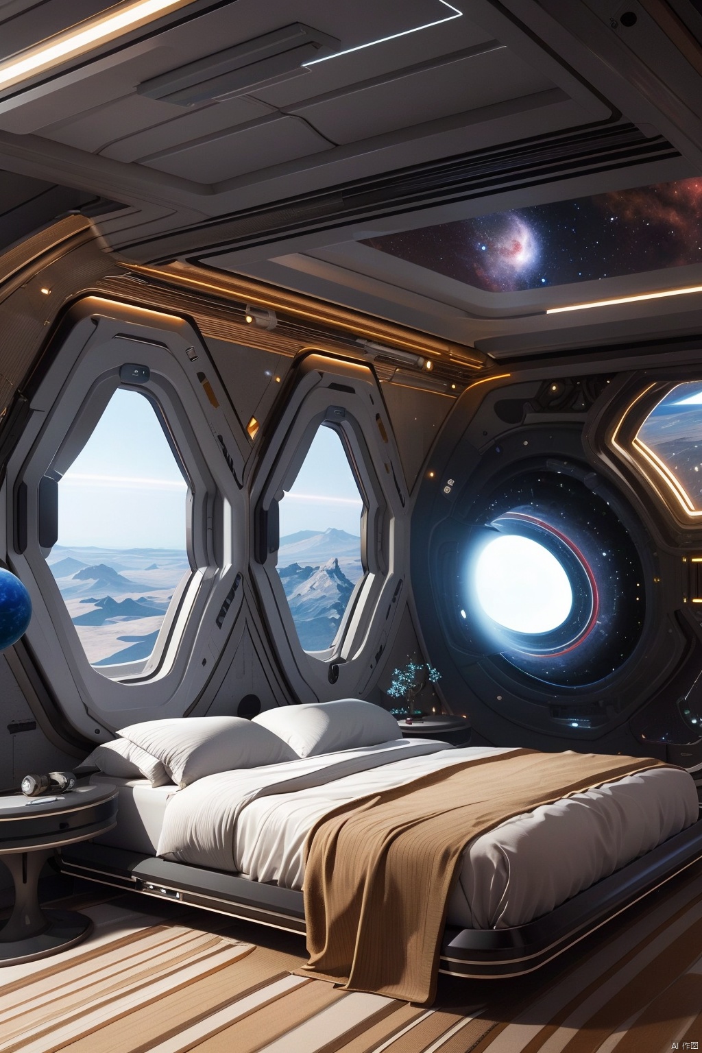  The bedroom,planet, space, no humans, earth \(planet\), science fiction, realistic, spacecraft, indoors