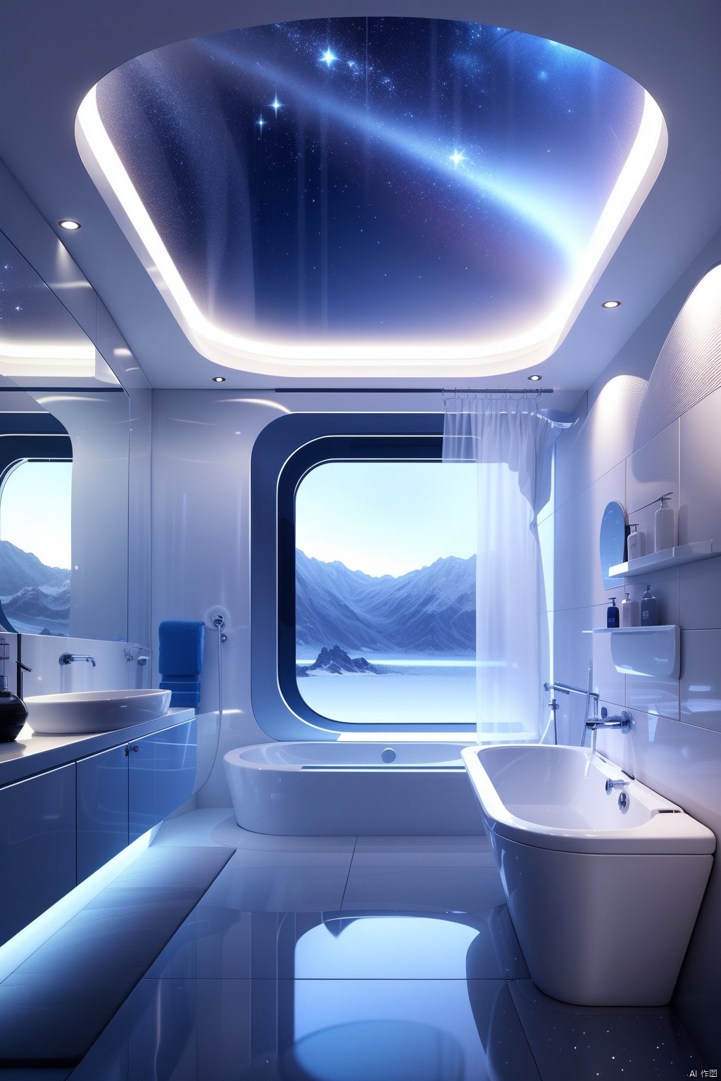  Bathroom,scenery, no humans, space, star \(sky\), window, indoors, blue theme