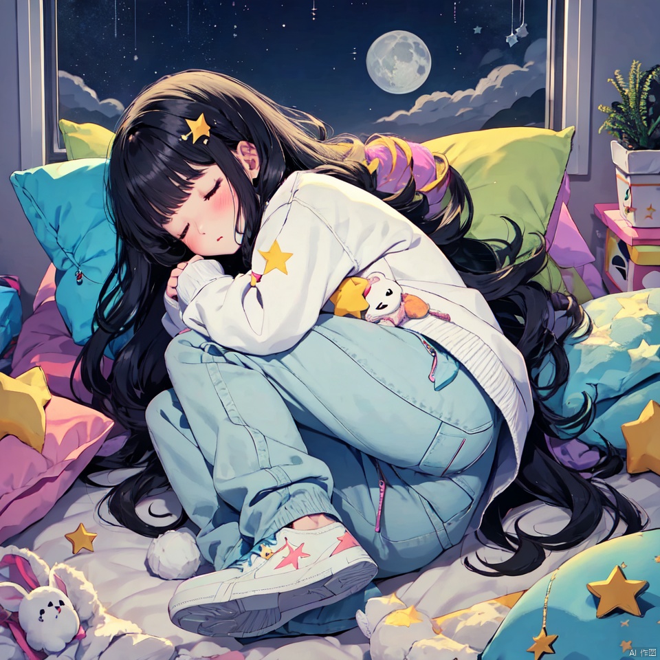 1girl, solo, long hair, blush, bangs, black hair, hair ornament, long sleeves, very long hair, closed mouth, full body, closed eyes, lying, shoes, pants, indoors, star \(symbol\), sweater, pillow, bed, on bed, on side, moon, white footwear, sleeping, star \(sky\)