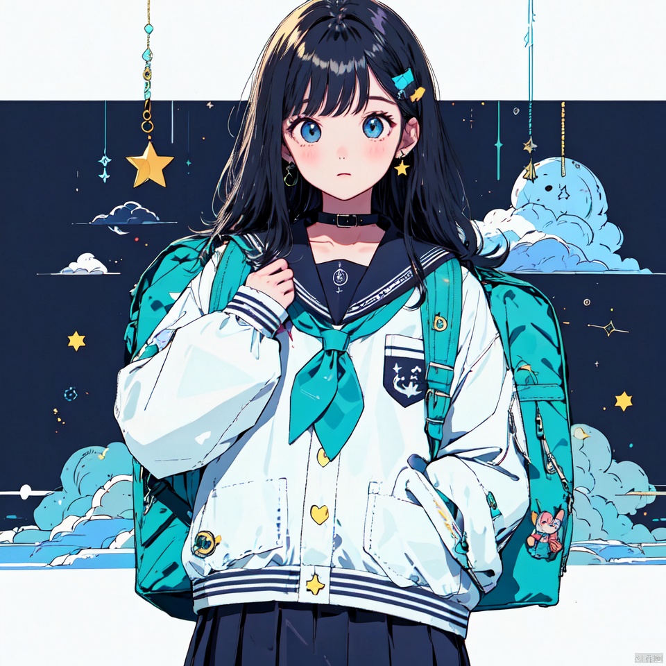  1girl, solo, long hair, looking at viewer, blush, bangs, blue eyes, skirt, black hair, hair ornament, long sleeves, white background, jewelry, school uniform, blue hair, heart, cowboy shot, pleated skirt, earrings, serafuku, hairclip, cloud, hand up, sailor collar, bag, star \(symbol\), collar, blue skirt, neckerchief, sleeves past wrists, backpack, blue sailor collar, pocket