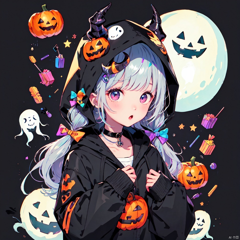 1girl, solo, long hair, looking at viewer, blush, bangs, hair ornament, long sleeves, bow, twintails, jacket, upper body, white hair, parted lips, food, horns, choker, hood, star \(symbol\), :o, sleeves past wrists, low twintails, crescent, candy, single horn, sleeves past fingers, hood up, halloween, ghost, lollipop, jack-o'-lantern, food-themed hair ornament, candy hair ornament, candy wrapper, ghost costume