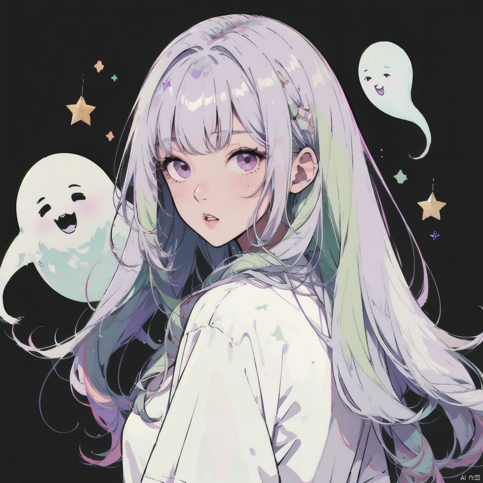 1girl, solo, long hair, looking at viewer, blush, bangs, simple background, shirt, purple eyes, white shirt, upper body, white hair, multicolored hair, parted lips, green hair, looking back, star \(symbol\), :o, black background, ghost