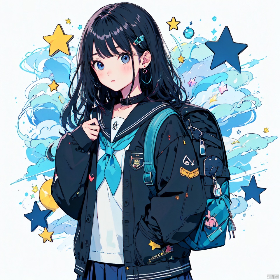 1girl, solo, long hair, looking at viewer, blush, bangs, blue eyes, skirt, black hair, hair ornament, long sleeves, white background, jewelry, school uniform, blue hair, heart, cowboy shot, pleated skirt, earrings, serafuku, hairclip, cloud, hand up, sailor collar, bag, star \(symbol\), collar, blue skirt, neckerchief, sleeves past wrists, backpack, blue sailor collar, pocket