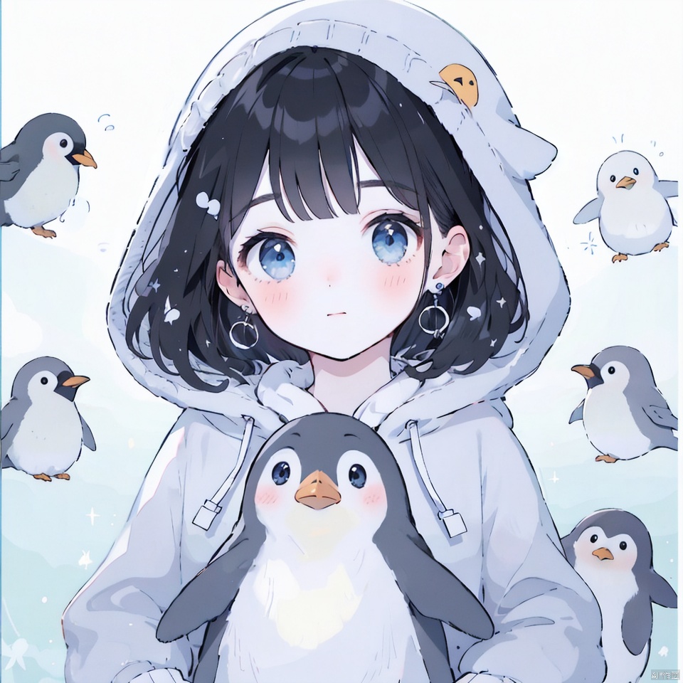 1girl, solo, looking at viewer, blush, short hair, bangs, blue eyes, black hair, hat, upper body, earrings, hood, bird, animal, blue headwear, hood up, beanie, covered mouth, penguin