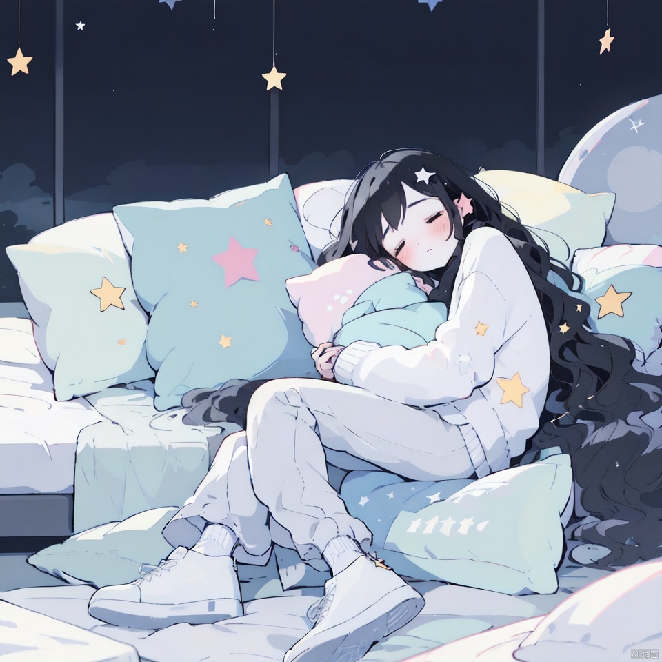 1girl, solo, long hair, blush, bangs, black hair, hair ornament, long sleeves, very long hair, closed mouth, full body, closed eyes, lying, shoes, pants, indoors, star \(symbol\), sweater, pillow, bed, on bed, on side, moon, white footwear, sleeping, star \(sky\)