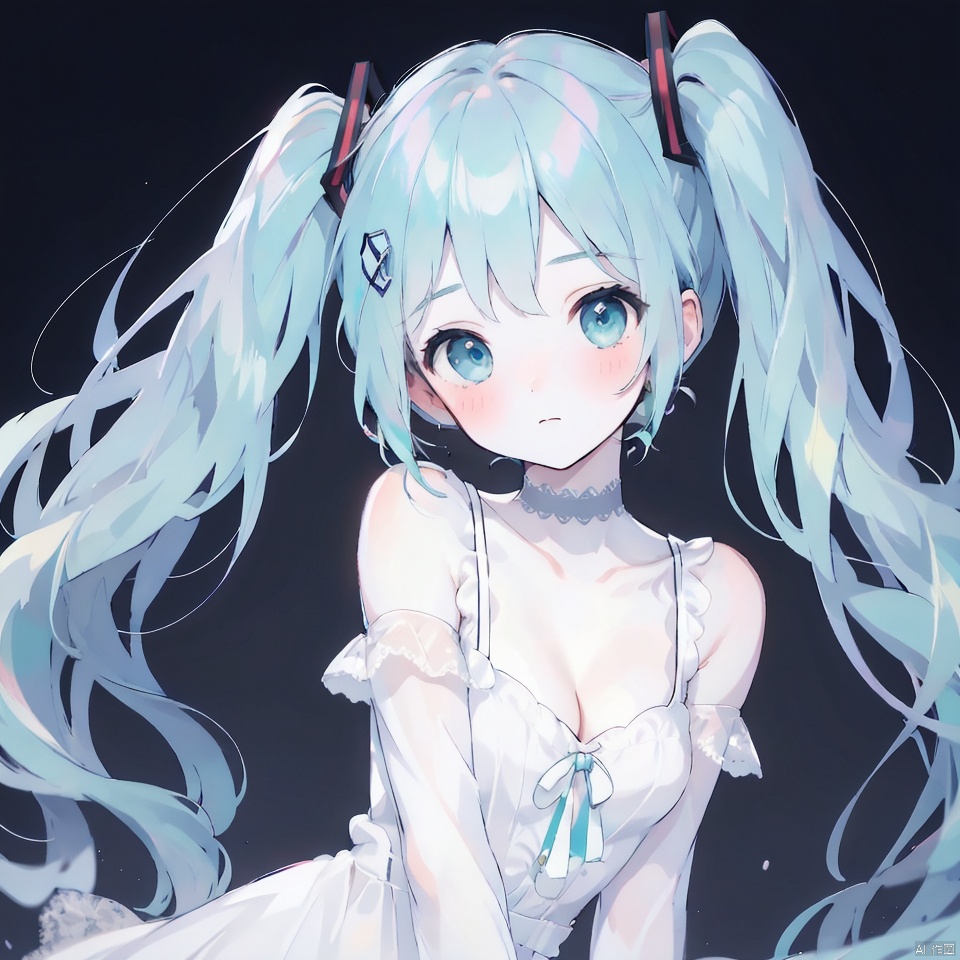 1girl, solo, long hair, breasts, looking at viewer, blush, bangs, hair ornament, dress, cleavage, bare shoulders, twintails, closed mouth, collarbone, upper body, small breasts, sleeveless, choker, white dress, aqua eyes, aqua hair, expressionless, black background, lace trim, hatsune miku