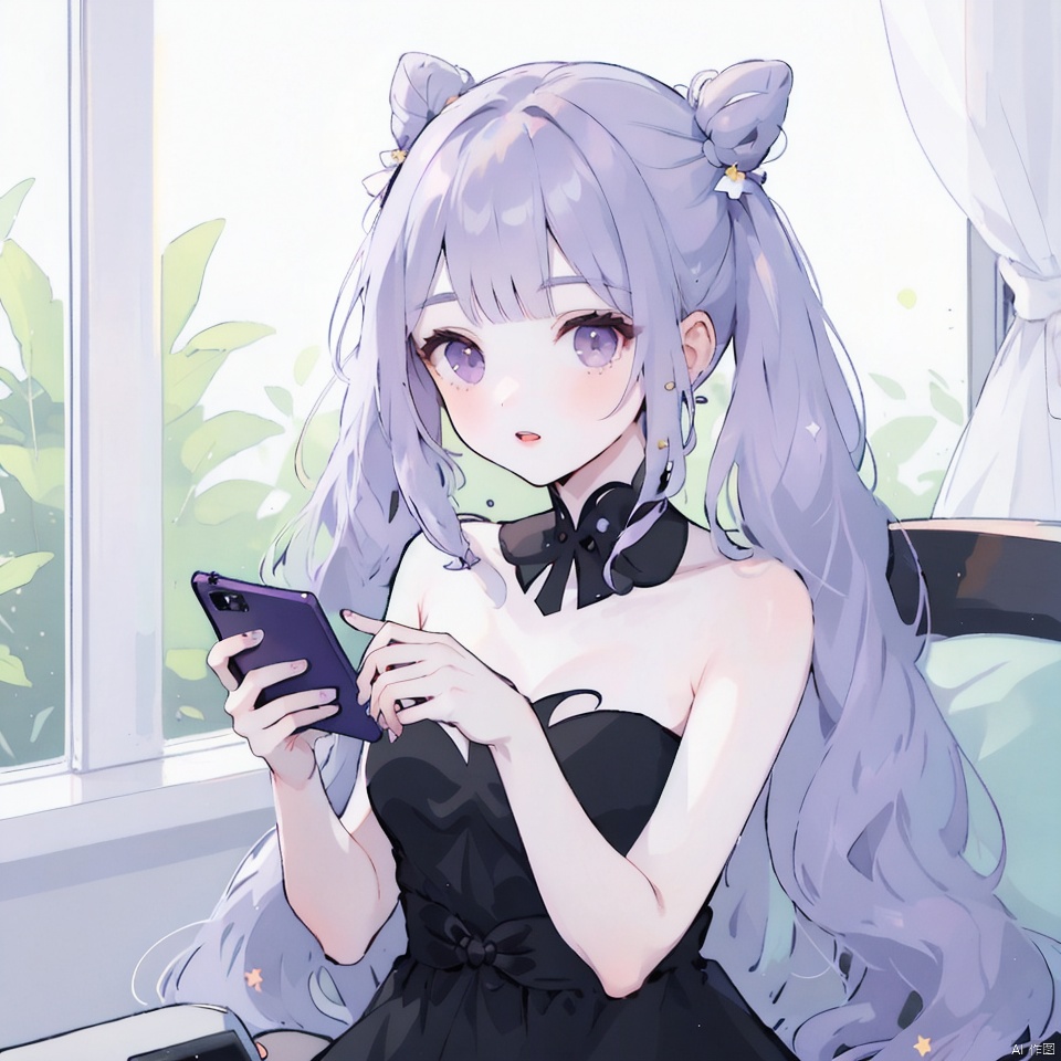 1girl, solo, long hair, looking at viewer, bangs, dress, holding, bare shoulders, twintails, purple eyes, purple hair, parted lips, indoors, hair bun, black dress, lips, cosplay, strapless, phone, cellphone, strapless dress, smartphone, holding phone, cone hair bun, keqing \(genshin impact\)