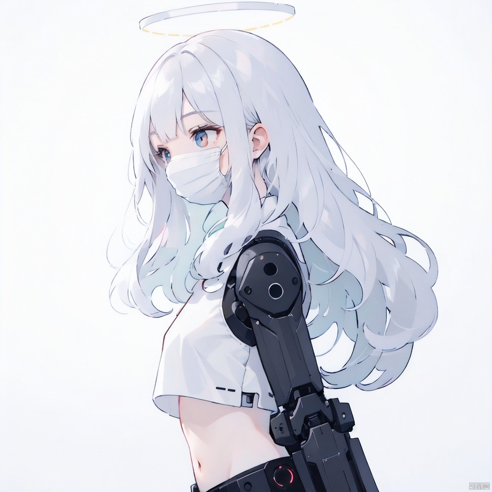 1girl, solo, long hair, breasts, bangs, simple background, white background, upper body, white hair, small breasts, from side, crop top, mask, halo, science fiction, mouth mask, mecha musume, cyborg, robot joints, cyberpunk, mechanical parts, tube
