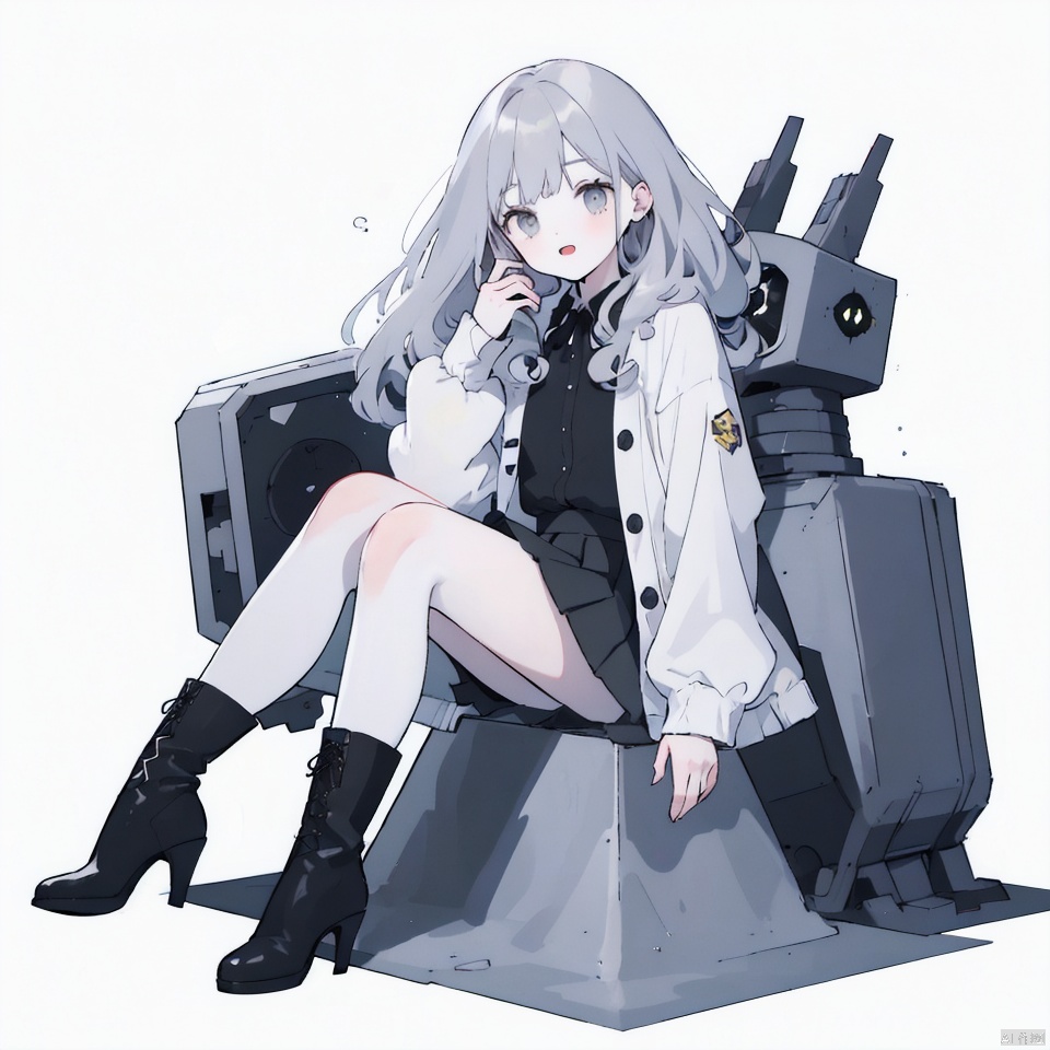 1girl, solo, long hair, looking at viewer, open mouth, bangs, skirt, shirt, long sleeves, white background, sitting, jacket, full body, grey hair, pleated skirt, boots, puffy sleeves, collared shirt, black skirt, black footwear, high heels, grey eyes, black shirt, white jacket, knee boots, robot, mecha, high heel boots, non-humanoid robot