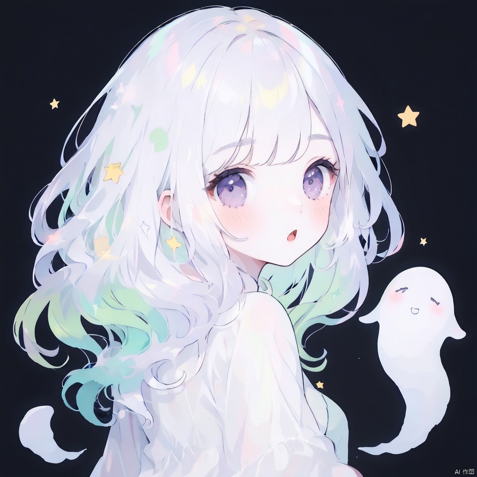  1girl, solo, long hair, looking at viewer, blush, bangs, simple background, shirt, purple eyes, white shirt, upper body, white hair, multicolored hair, parted lips, green hair, looking back, star \(symbol\), :o, black background, ghost,illustration