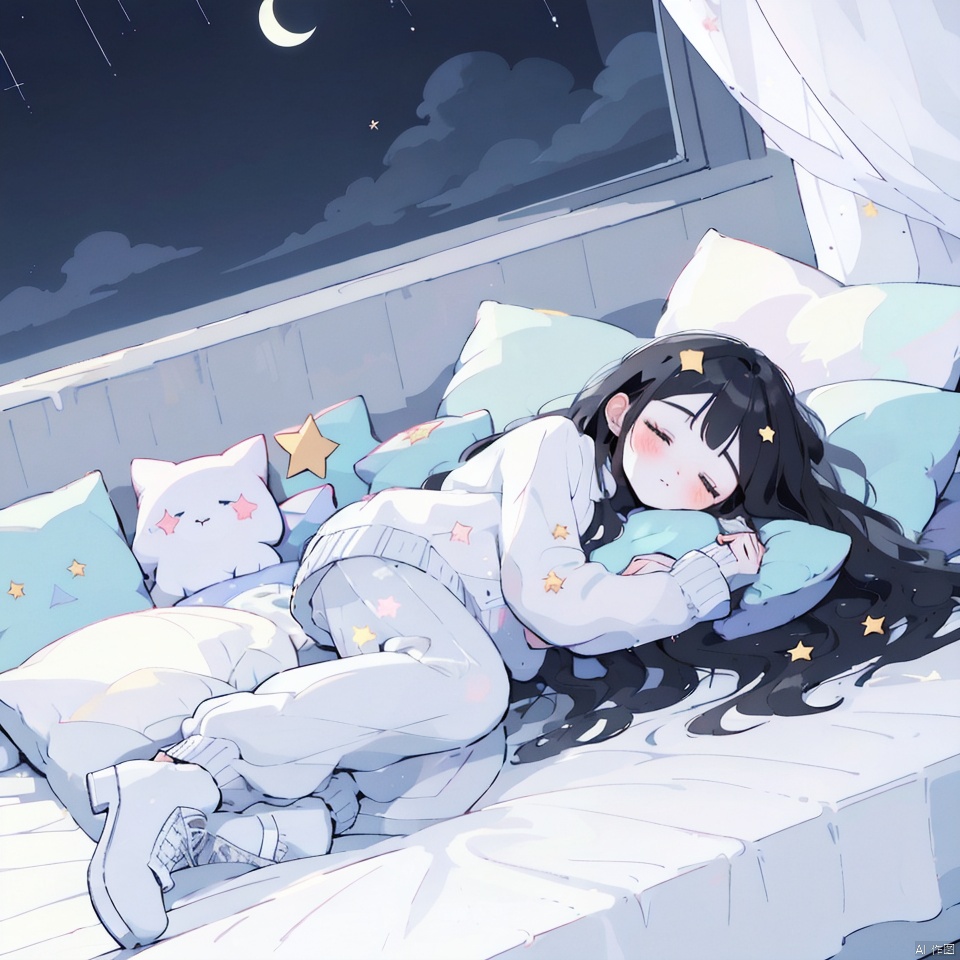 1girl, solo, long hair, blush, bangs, black hair, hair ornament, long sleeves, very long hair, closed mouth, full body, closed eyes, lying, shoes, pants, indoors, star \(symbol\), sweater, pillow, bed, on bed, on side, moon, white footwear, sleeping, star \(sky\)