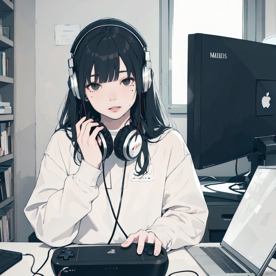 1girl, solo, long hair, looking at viewer, bangs, black hair, sitting, indoors, mole, black eyes, lips, cosplay, mole under eye, headphones, realistic, computer, headphones around neck, handheld game console, monitor, game console, keyboard \(computer\)