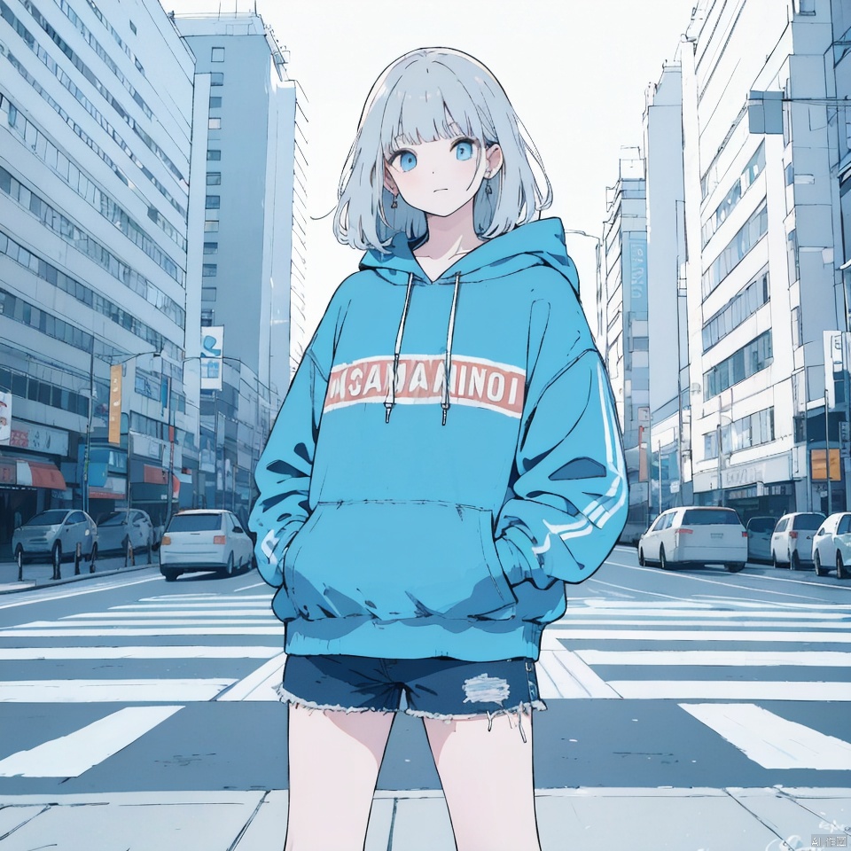 1girl, solo, looking at viewer, bangs, blue eyes, long sleeves, jewelry, closed mouth, standing, jacket, grey hair, cowboy shot, earrings, outdoors, shorts, hood, medium hair, hoodie, hood down, denim, blue jacket, ground vehicle, building, motor vehicle, blue shorts, blue theme, hands in pockets, drawstring, car, road, earphones, blue hoodie, crosswalk, serizawa asahi,illustration,drawing