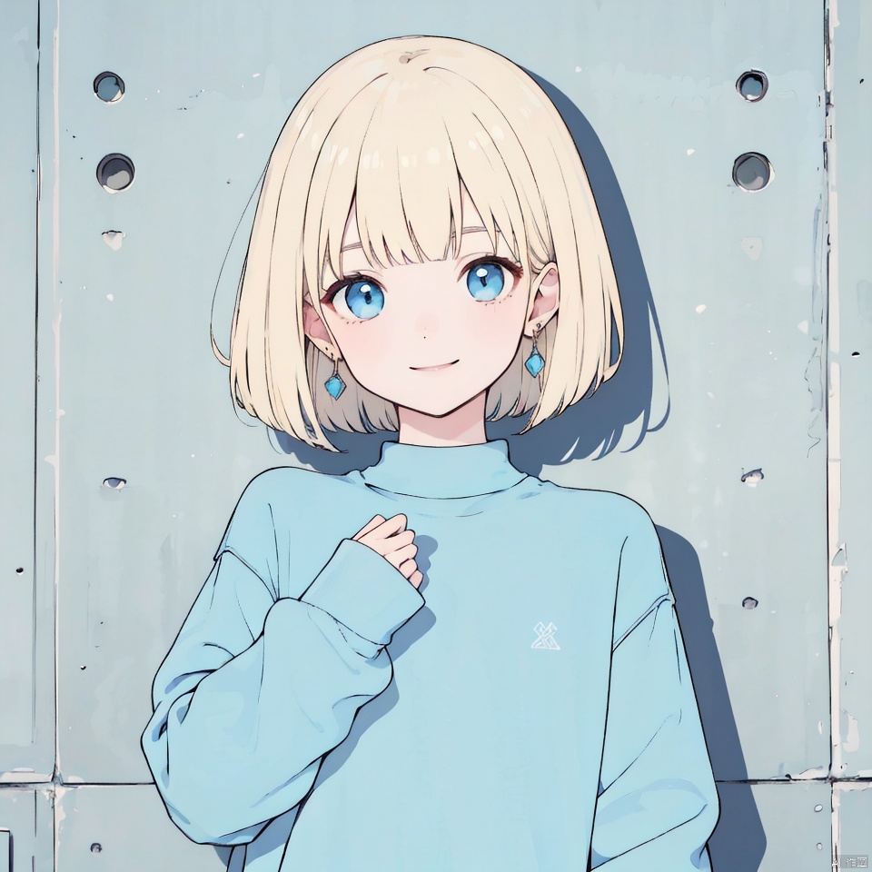 1girl, solo, looking at viewer, smile, short hair, bangs, blue eyes, blonde hair, shirt, long sleeves, jewelry, closed mouth, upper body, earrings, sweater, sleeves past wrists, bob cut, blue shirt, blue sweater