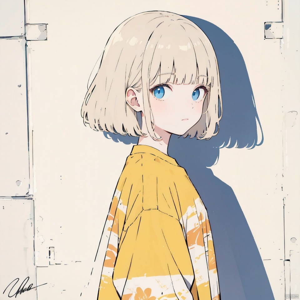 1girl, solo, looking at viewer, short hair, bangs, blue eyes, blonde hair, shirt, long sleeves, closed mouth, jacket, upper body, signature, blunt bangs, from side, shadow, expressionless, yellow shirt, print shirt, drop shadow