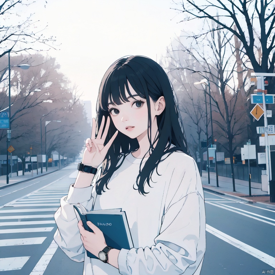 1girl, solo, long hair, looking at viewer, bangs, black hair, long sleeves, holding, upper body, outdoors, day, black eyes, tree, lips, book, holding book, watch, sign, realistic, wristwatch, road, road sign