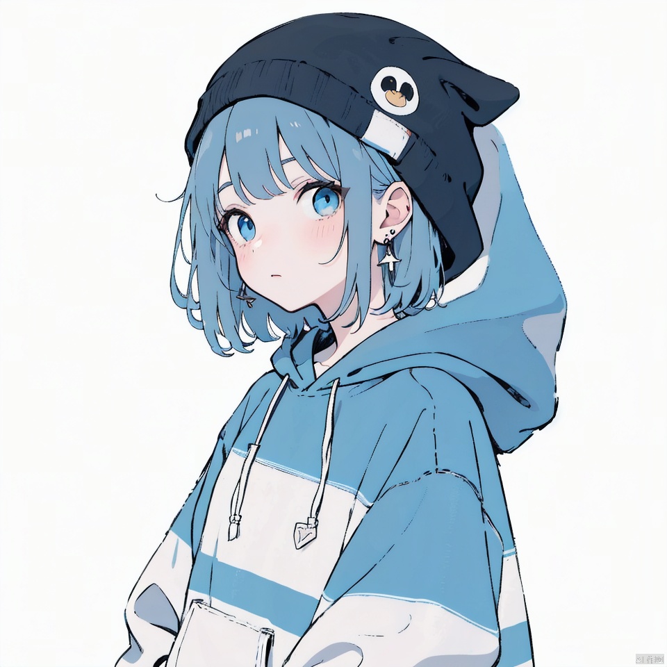 1girl, solo, looking at viewer, blush, short hair, bangs, blue eyes, black hair, hat, upper body, earrings, hood, bird, animal, blue headwear, hood up, beanie, covered mouth, penguin