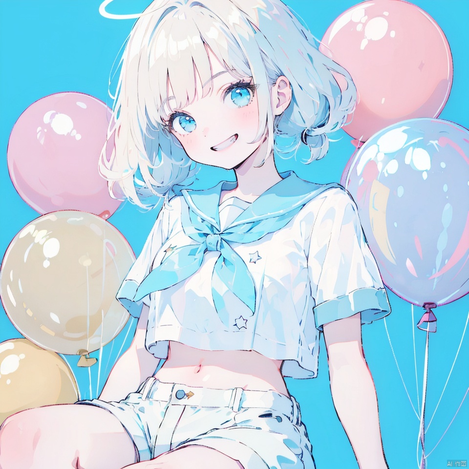 1girl, solo, looking at viewer, smile, bangs, blue eyes, shirt, navel, twintails, sitting, white shirt, short sleeves, shorts, midriff, medium hair, sailor collar, star \(symbol\), grin, crop top, neckerchief, blue background, halo, white shorts, balloon, aqua background