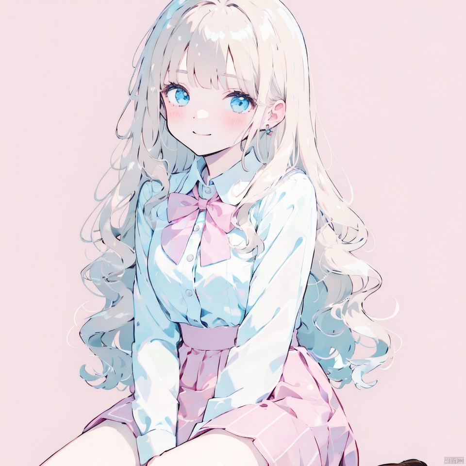 1girl, solo, long hair, looking at viewer, blush, smile, bangs, blue eyes, skirt, blonde hair, simple background, shirt, long sleeves, bow, jewelry, sitting, closed mouth, white shirt, pleated skirt, earrings, collared shirt, blunt bangs, bowtie, wavy hair, pink background, pink bow, pink skirt, shirt tucked in, pink theme, pink bowtie