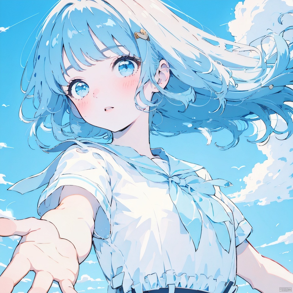 1girl, solo, long hair, looking at viewer, blush, bangs, blue eyes, shirt, ribbon, blue hair, white shirt, upper body, short sleeves, frills, parted lips, sky, cloud, sailor collar, blue sky, neck ribbon, floating hair, outstretched arm, blue ribbon, blue theme