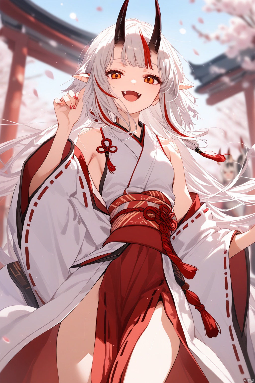  1girl, solo, long hair, looking at viewer, smile, open mouth, bangs, skirt, red eyes, long sleeves, bare shoulders, very long hair, standing, white hair, :d, red hair, multicolored hair, small breasts, outdoors, detached sleeves, japanese clothes, horns, sleeveless, fang, virtual youtuber, wide sleeves, blurry, streaked hair, blurry background, feet out of frame, ribbon trim, hakama skirt, ribbon-trimmed sleeves, oni horns, sheathed, oni, white kimono, miko, nakiri ayame