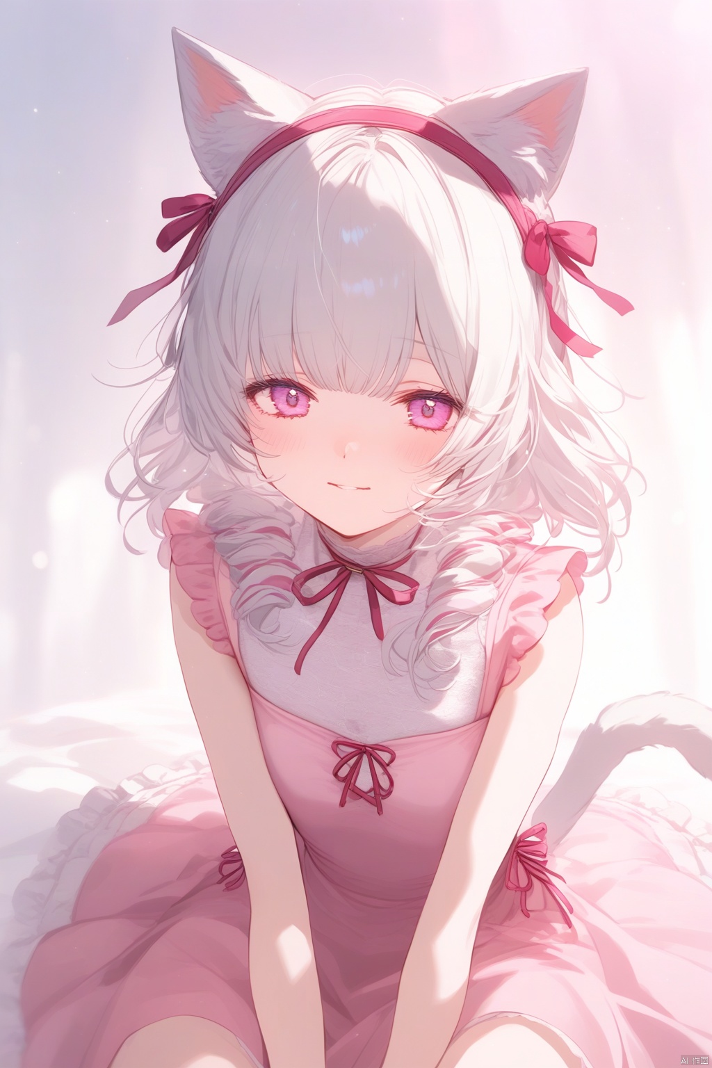 kitten ears,cat tail,cute face,white hair,pink eyes,pink dress,ribbon