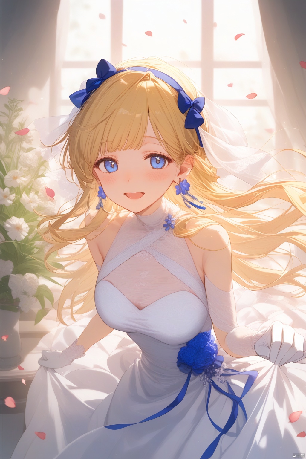  1girl, solo, long hair, breasts, looking at viewer, blush, smile, open mouth, bangs, blue eyes, blonde hair, hair ornament, dress, bow, bare shoulders, jewelry, standing, flower, hair bow, hairband, earrings, indoors, white dress, petals, window, blue bow, plant,（ white gloves）, potted plant, lamp