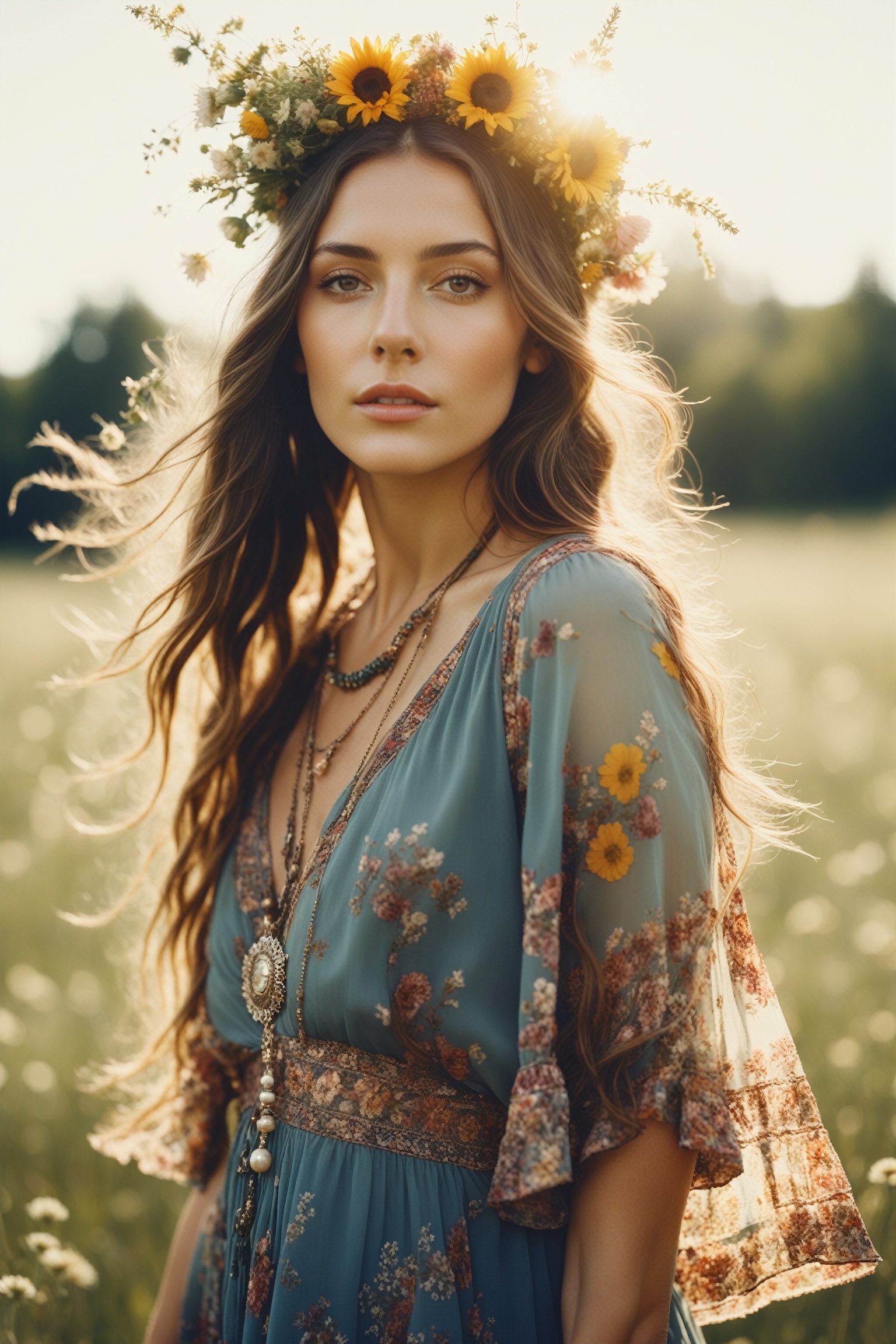 highly detailed and hyper realistic dynamic 35mm photo,  photo of a bohemian beauty adorned in flowing floral patterns and...