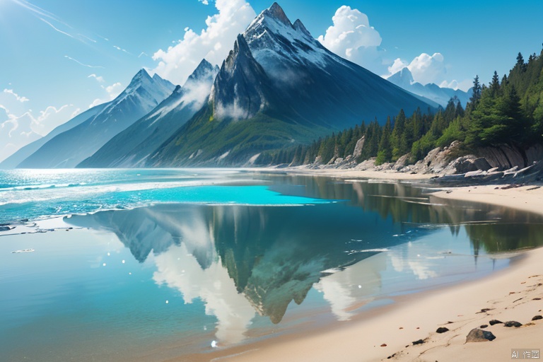 (sea 1.9), (Jet hole blue flame and lightning 1.0), (Adequate sunlight 1.5), (Optical materials 1.0), (Water in glass materials 1.5), (beach 1.9), (wonderland 1.9), Overlooking,,(sea 1),,Representative,boutique, Ultra HD, , reflection, masterpiece, true light and shadow, wide Angle, outdoors, sky, day, , blue sky, (no humans 0.9),nature, scenery, Water, beach, (High Quality), Best Quality, (4K), 8K, Super Detail, (Full Detail), (Masterpiece), (Realistic), Super Detail, (Exquisite Detail), Intricate, Traditional Chinese Ink Painting,Mountain peaks, blue sky, flowing water,Wild goose, Scenery, SDXL, lightning, sea