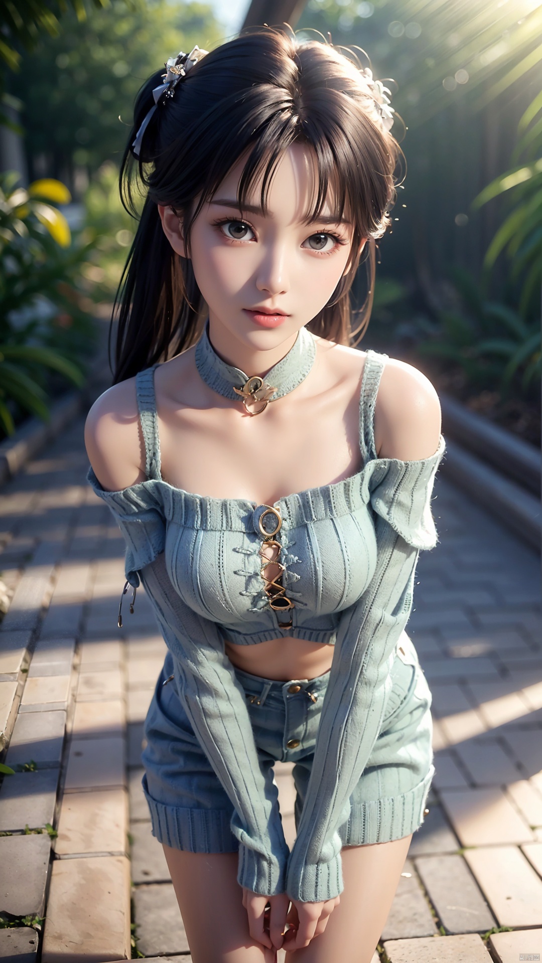 (best qualtiy,8K,tmasterpiece:1.3),(sharp focus:1.2),(one-girl:1.2),(perfect body figure:1.4),(Slim abs:1.1),(Off-the-shoulder knitwear:1.4),exteriors,rays of sunshine,Fine face,beautidful eyes,Straight legs。