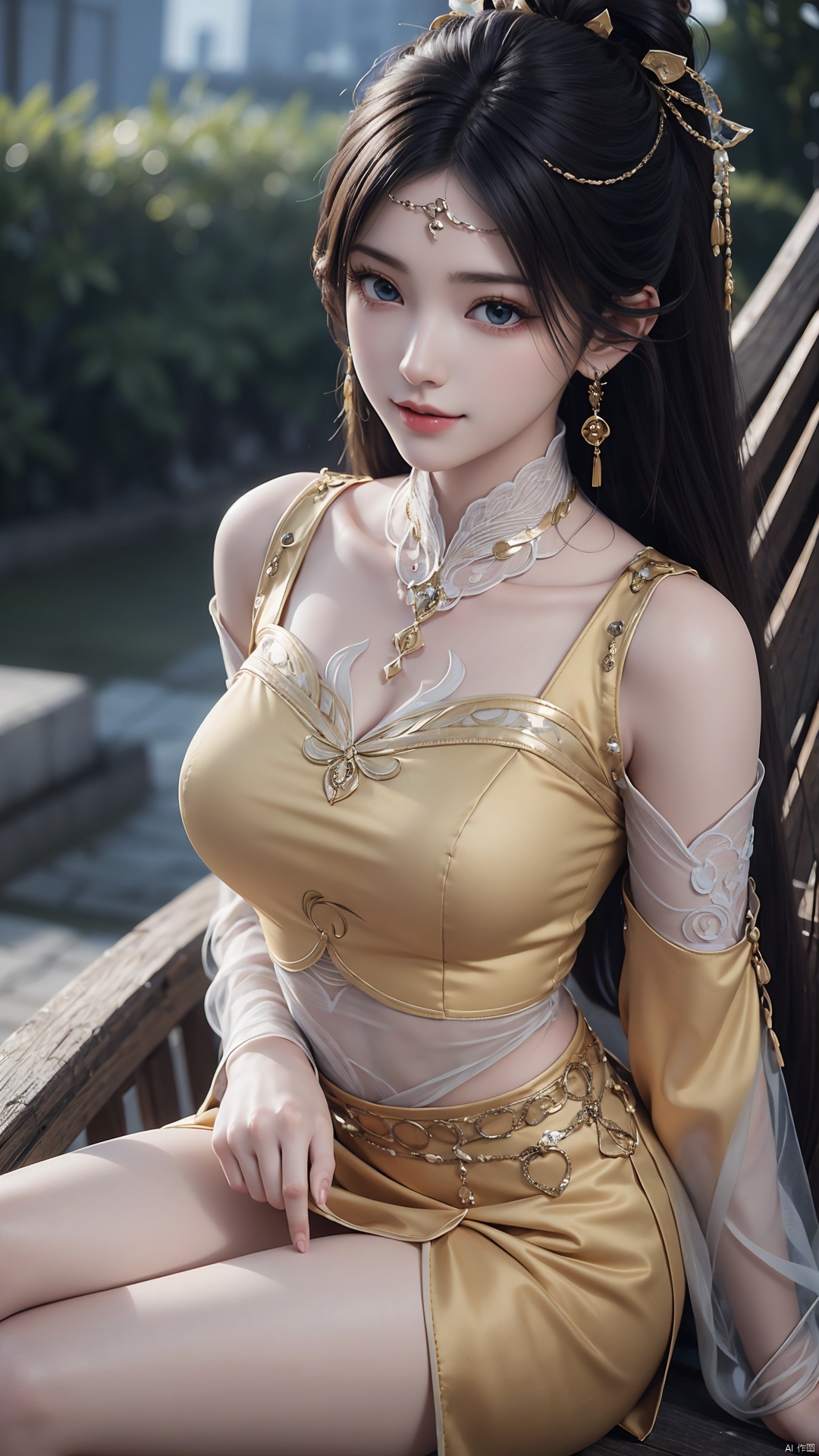  1girl, solo, black hair, earrings, jewelry, hair ornament, long hair, dress, chinese clothes, realistic, sitting, crossed legs, mischevious smile, perfect body, scenery, sharp focus, best quality, masterpiece, detailed outfit, illustration, perfect eyes, finely detailed beautiful anime eyes, realistic skin, intricate details, best lighting, depth of field, ultra high resolution,cowboy_shot, dynamic pose, dynamic angle,