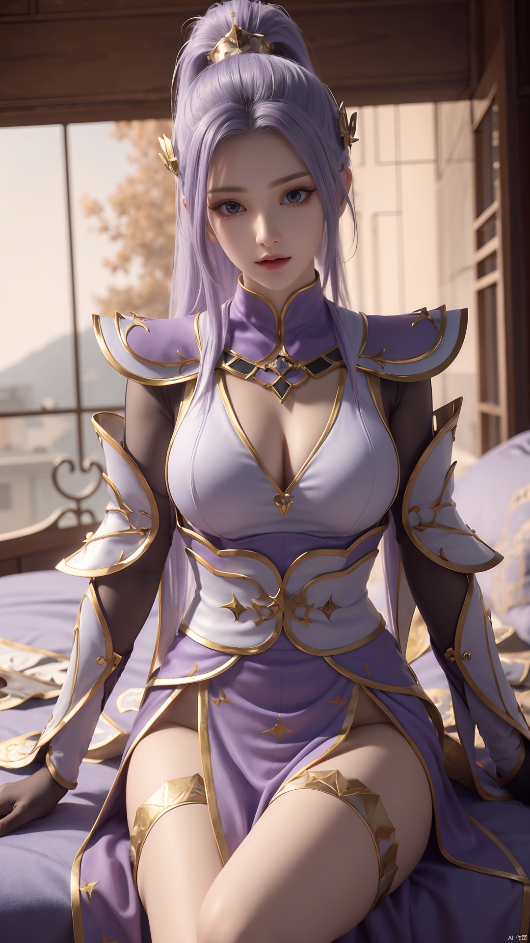  1girl, light purple hair, black thighhighs, ponytail, gloves, blue eyes, long hair, breasts, armor, hair ornament, black gloves, looking at viewer, lying, perfect body, scenery, sharp focus, best quality, masterpiece, detailed outfit, illustration, perfect eyes, finely detailed beautiful anime eyes, realistic skin, intricate details, best lighting, depth of field, ultra high resolution, bed, from above