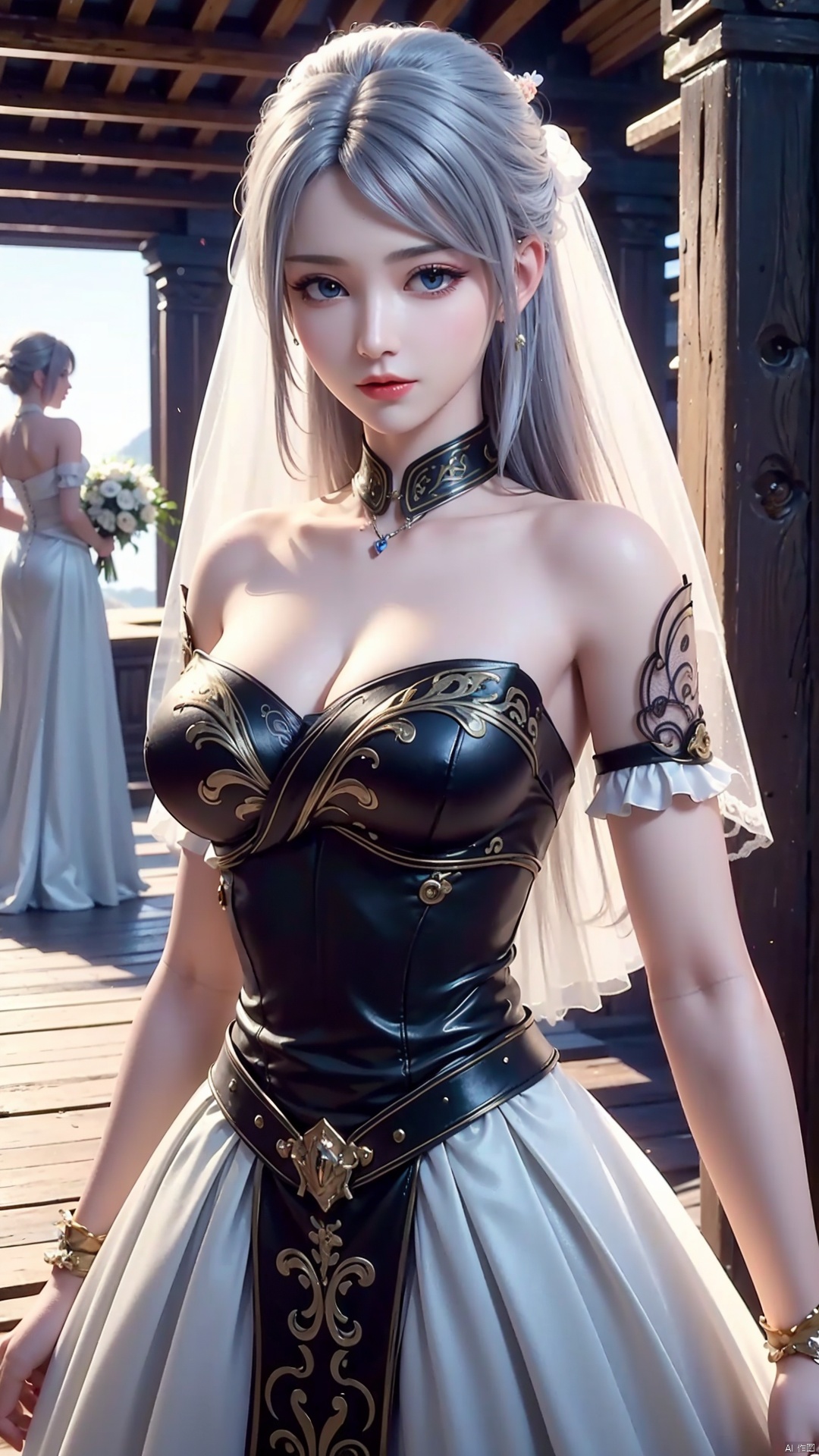  (best qualtiy,8K,masterpiece:1.3),(sharp focus:1.2),(one-girl:1.2),(perfect body figure:1.4), (wedding dress:1.4), rays of sunshine,Fine face,beautidful eyes, white hair, cowboy_shot