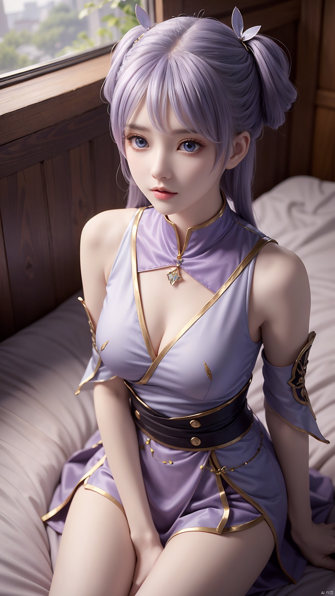  1girl, light purple hair, twintails, blue eyes, dress, detached sleeves, looking at viewer, lying, perfect body, scenery, sharp focus, best quality, masterpiece, detailed outfit, illustration, perfect eyes, finely detailed beautiful anime eyes, realistic skin, intricate details, best lighting, depth of field, ultra high resolution, bed, from above