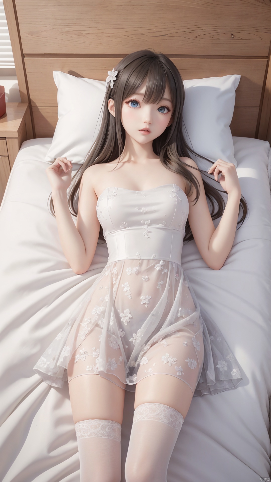  1girl, wedding_dress, long hair, thighhighs, lying, perfect body, scenery, sharp focus, best quality, masterpiece, detailed outfit, illustration, perfect eyes, finely detailed beautiful anime eyes, realistic skin, intricate details, best lighting, depth of field, ultra high resolution, bed, from above