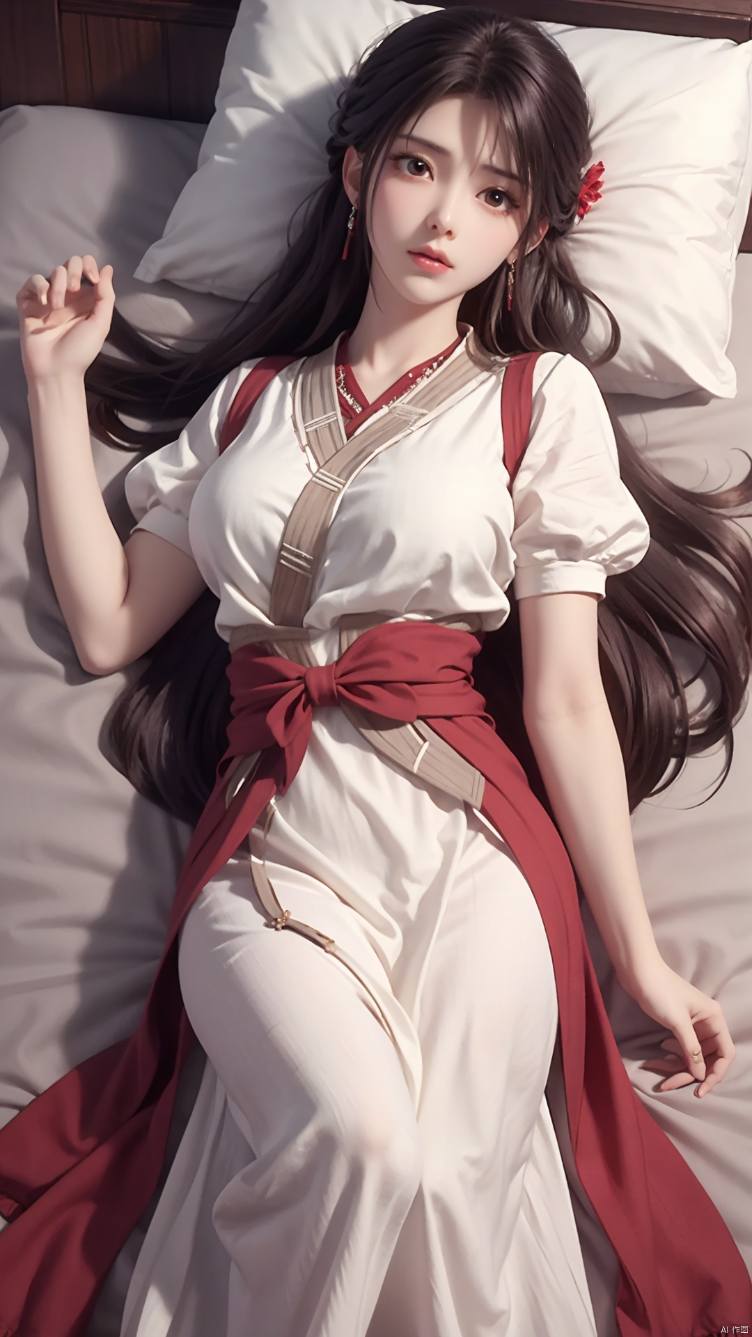  1girl, solo, long hair, breasts, looking at viewer, black hair, hair ornament, dress, jewelry, closed mouth, short sleeves, earrings, lying, bed, hand up, on back,