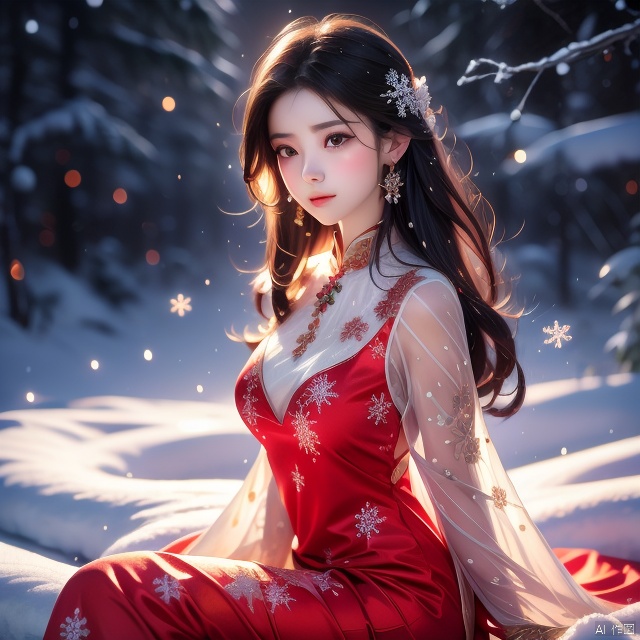  Medium: Ultra-fine painting. Subject: A young woman in a  red,dress adorned with jade jewelry,sitting gracefully. Emotion: Tranquil. Lighting: Soft,highlighting the snowflakes. Scene: A snowy landscape with delicate snowflakes falling around her and the loong. Style: Ultra-detailed realism with a colorful palette., hair, girl