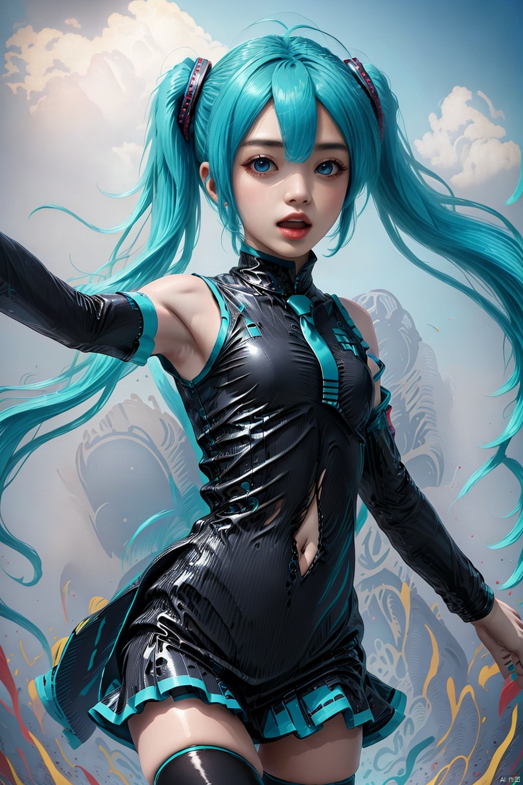 1girl, solo, long hair, breasts, looking at viewer, open mouth, bangs, blue eyes, thighhighs, dress, hair between eyes, bare shoulders, twintails, very long hair, standing, ahoge, cowboy shot, small breasts, detached sleeves, necktie, sleeveless, black thighhighs, armpits, aqua eyes, zettai ryouiki, aqua hair, covered navel, skindentation, sleeveless dress, short dress, outstretched arm, contrapposto, black sleeves, aqua necktie, hatsune miku