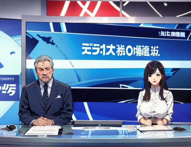 JS_News,leading news,in news studio,sits by the table,big screen in the background,1girl,huge breasts,1boy,jackets,a man and a girl presenting the news,  <lora:JS_NewsV1:0.78>