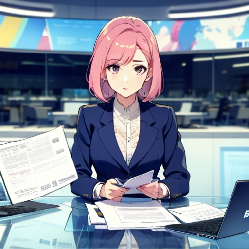 JS_News,leading news,in news studio,sits by the table,1girl,laptop on the table,papers on the table,jackets,pink hair,  <lora:JS_NewsV1:0.79>